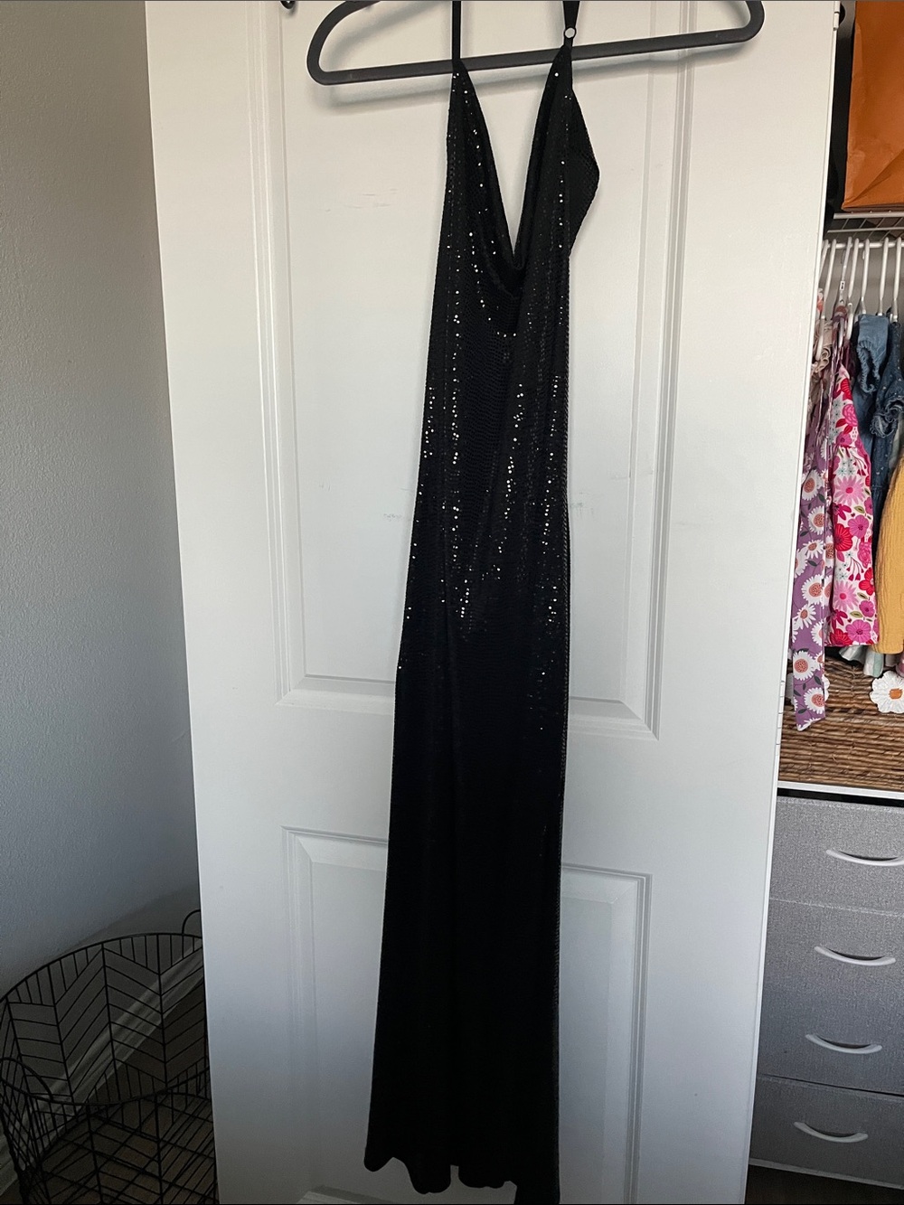 bebe Black Sequin Slip Maxi Dress